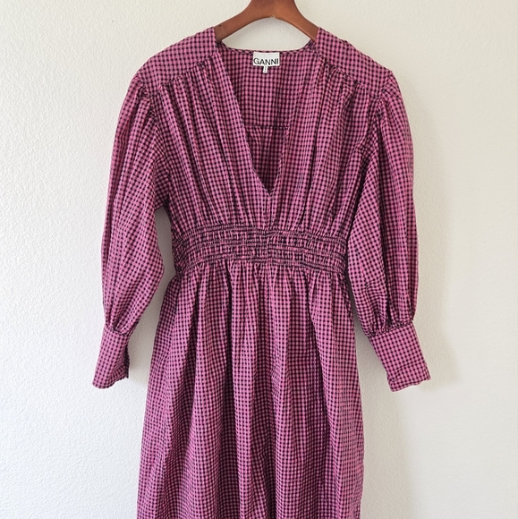GANNI Carmine Rose Seersucker Check Gingham V Neck Gathered Midi Dress Small /36 - Picture 4 of 16